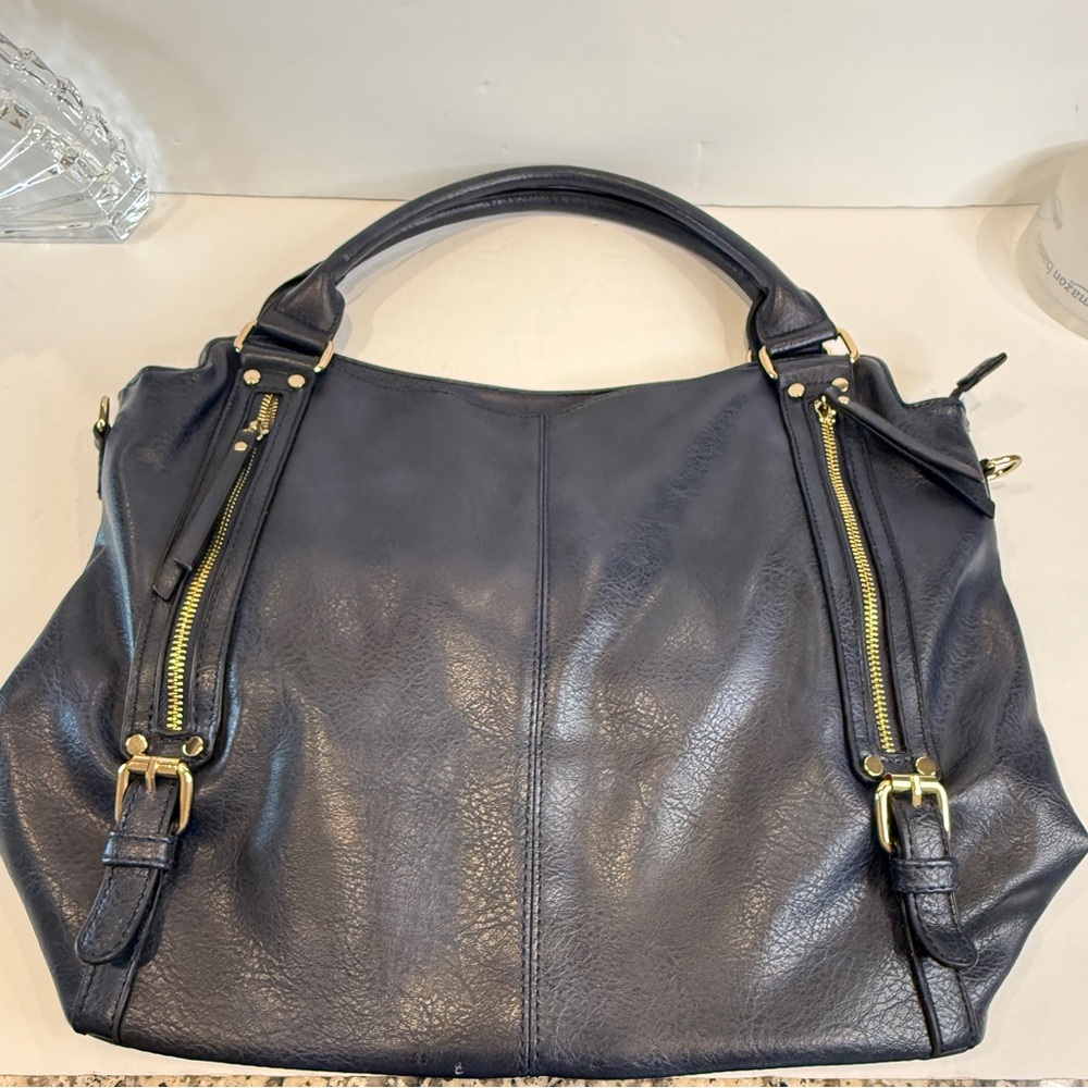 Navy Blue Faux Leather Rummy Tote Bag – Multi-Pocket 💙 Soft Inside & Outside - Picture 12 of 16